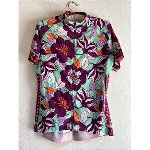 She Beest Women's Floral Zip Up Mock Neck Short Sleeve Cycling Jersey Large
